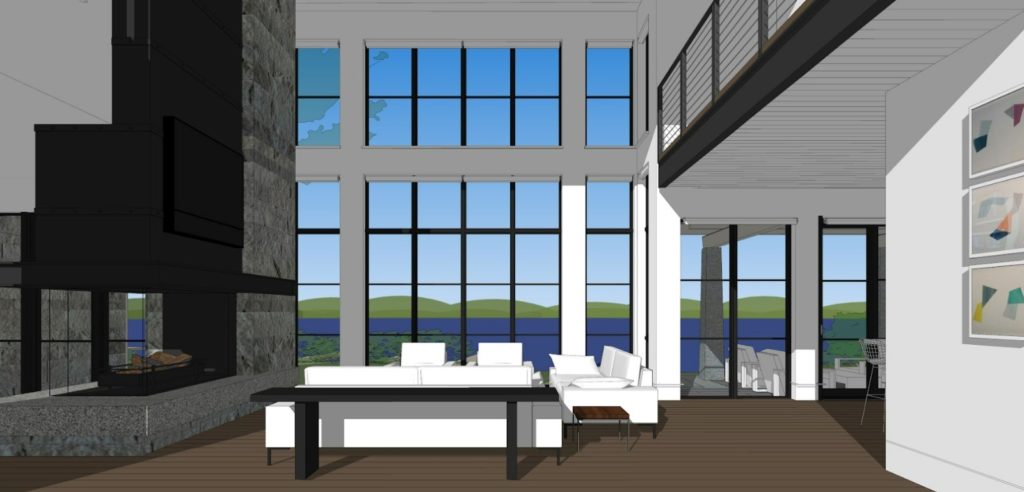 Modelo do SketchUp da vista da casa principal do complexo residencial que a MGA projetou em Govenor's Island, Gilford, em New Hampshire. Imagem cortesia da MGA