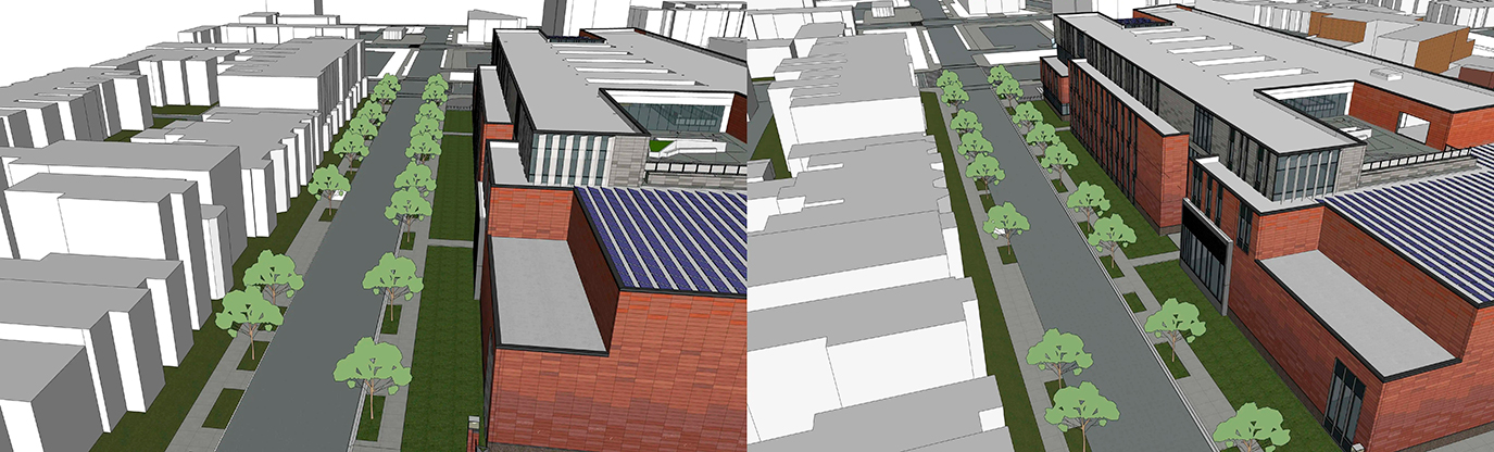 Modelo do SketchUp usado para ilustrar a resposta urbana em projeto sustentável de escola sem emissão de carbono